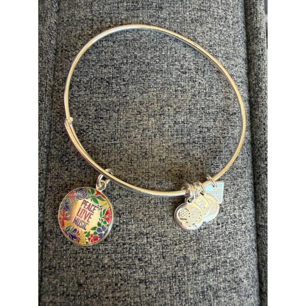 Alex and Ani Peace Love Music Expandable Bangle Bracelet‎ Charms Silver Tone
